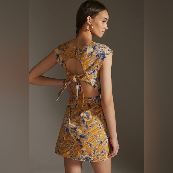 Anthropologie Tie-Back Utility Mini Dress Floral Mustard Blue Size 10 - Picture 1 of 16